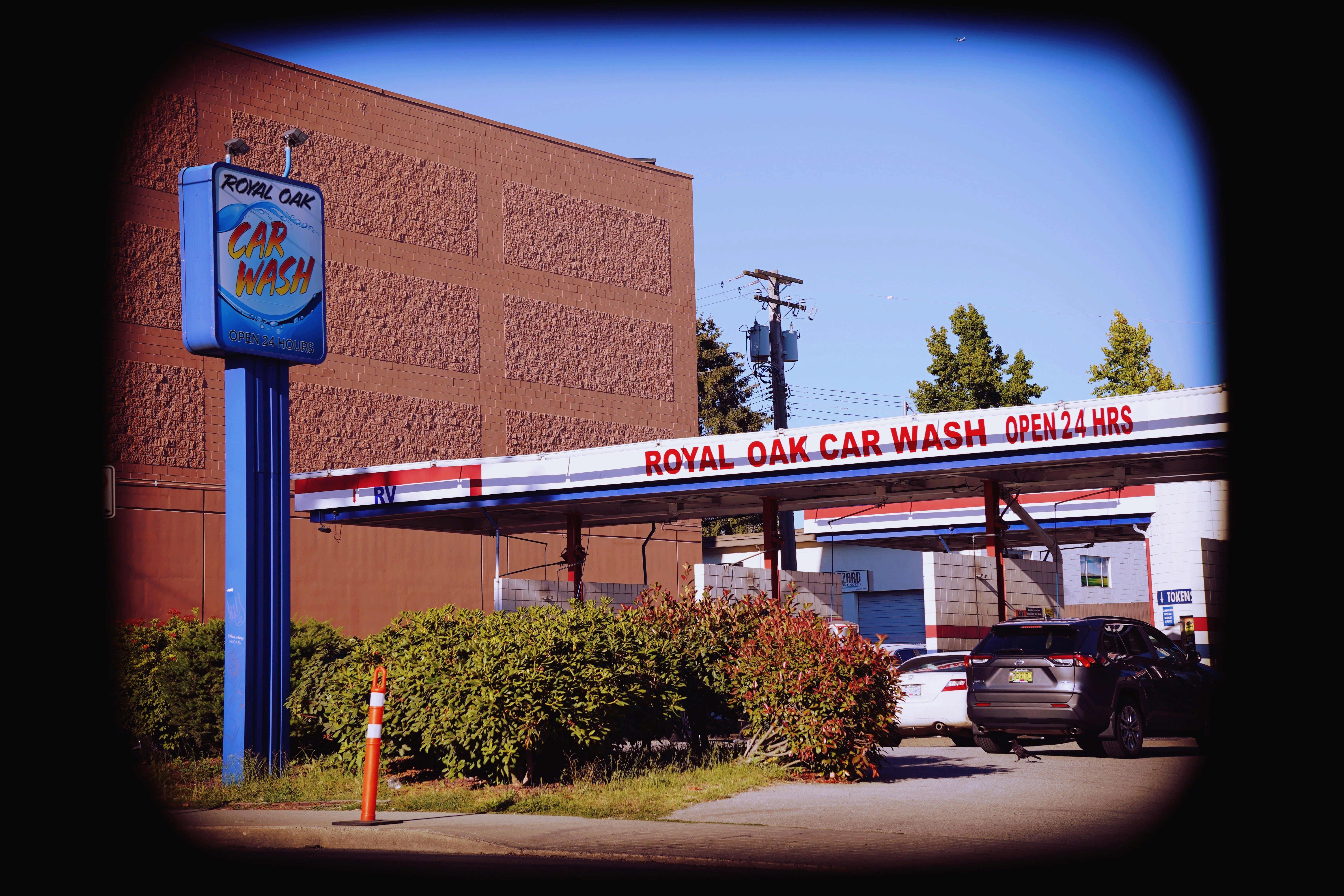 A car wash facility with a prominent blue sign displaying 'Royal Oak Car Wash' beside a drive-through area. The sign also indicates that the car wash is open 24 hours. Multiple cars are parked in the vicinity, and there is a small green hedge along the driveway. A tall building and trees can be seen in the background, with utility poles and wires overhead.